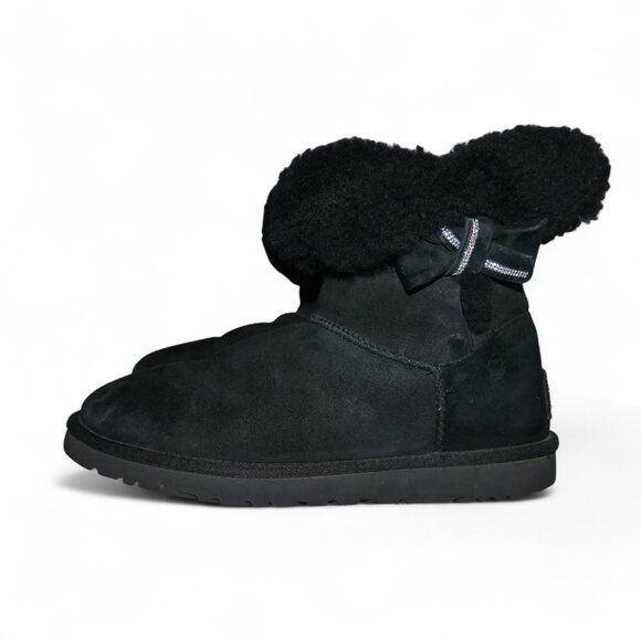 Ugg Jackee Sheepskin Swarovski Crystal Short Boots Women’s Size 9 Black Bow EUC - Picture 11 of 14